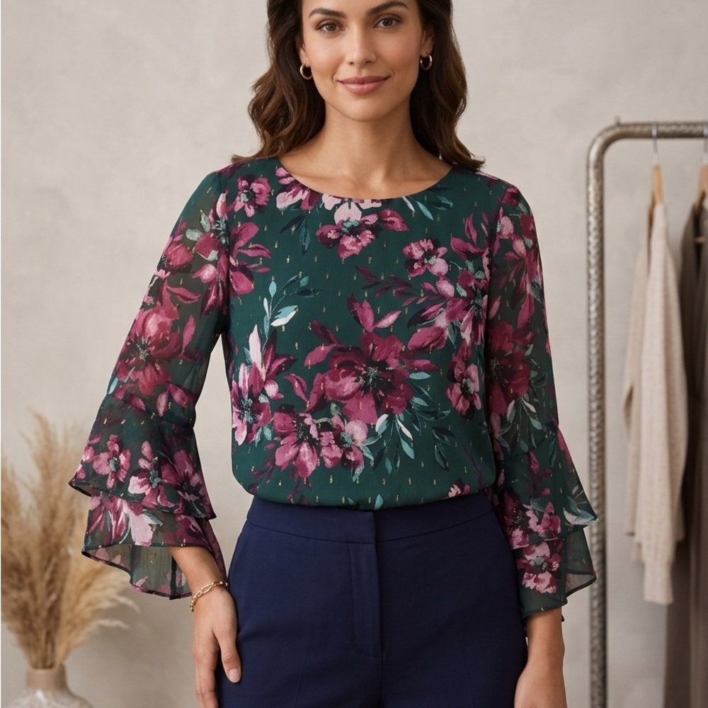Kasper‎ Floral Ruffle-Sleeve Blouse - Green/Pink